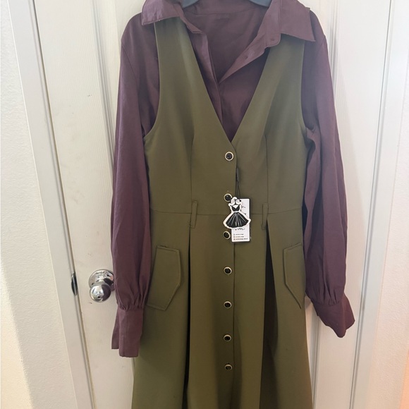 NWT Retro Stage GREEN 1950S V-NECK POCKETS BELTED VEST DRESS - Picture 6 of 7